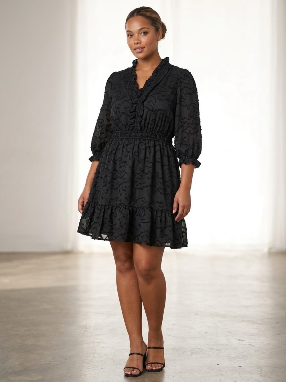 Umgee Black Ruffled V-Neck Tiered Mini Dress